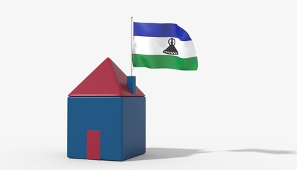 Casa 3D con bandiera al vento Lesotho sul tetto