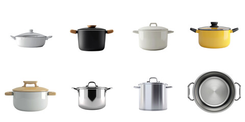 Pot set collection in 3d png transparent no background for product presentation.