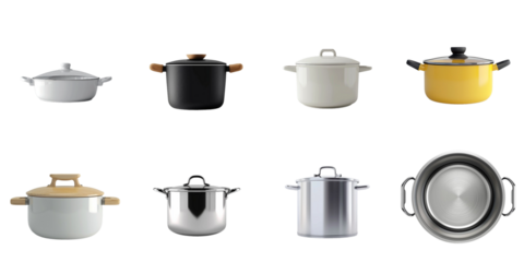 Pot set collection in 3d png transparent no background for product presentation.