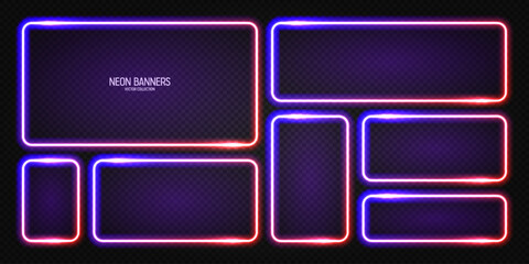 Glowing neon banners, illuminated colorful square frames. Shiny vibrant border, glow effect. Violet vintage retro lights, night illumination. Modern futuristic UI design elements. Vector illustration