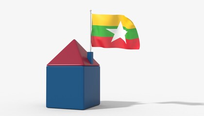 Casa 3D con bandiera al vento Burma sul tetto