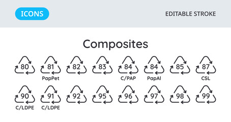 Fototapeta premium Composites recycling codes icons. Triangular environmental symbols of materials. Set of elements on a white background. Editable stroke.