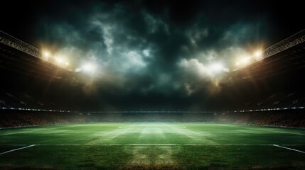 A shot of green soccer field bright spotlights match ground Generative AI - obrazy, fototapety, plakaty