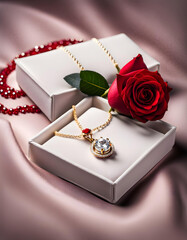 White velvet pyxis of luxurious golden jewelry beside fresh red rose