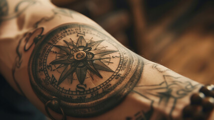 Fototapeta na wymiar A close-up shot of a man's arm tattoo of an ancient compass, with ornate embellishments and vintage charm, against a solid parchment background, symbolizing adventure.