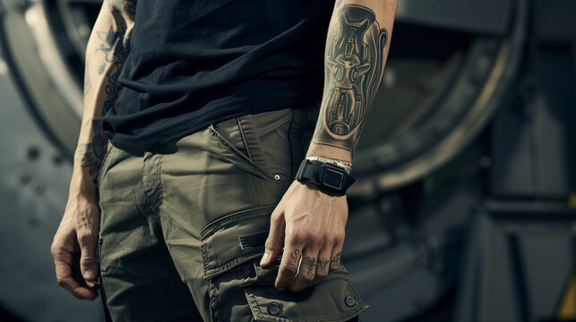 An ultra-HD shot of a man's sleeve tattoo showcasing a futuristic biomechanical design, blending organic and mechanical elements, paired with a sleek black t-shirt.
