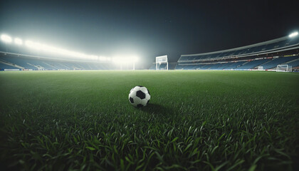 Soccer ball on the grass of a soccer stadium illuminated by the floodlights of the stands