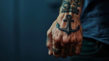 A detailed UHD capture of a man's hand tattoo featuring a minimalist anchor design, against a solid navy blue background, symbolizing stability and steadfastness in ultra-high-definition.