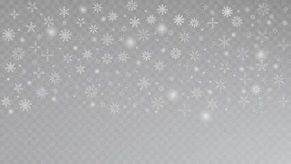 Abstract heavy white snowflakes and snowfall border on a transparent background. White snowflakes flying in the air. Winter snow overlay, banner and cover. Vector.