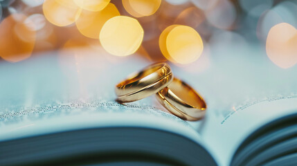 gold wedding rings on a book close-up