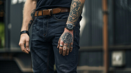 Fototapeta na wymiar A high-resolution image showcasing a man's forearm tattoo of a mechanical gear, accented with metallic ink and intricate details, paired with a sleek black t-shirt.