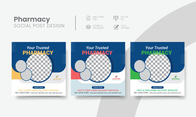 Pharmacy social media post for medicine banner ad creative. Functional pharmacy store social media post layout template design. Vol - 17