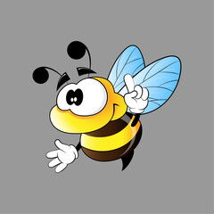 Cartoon funny bee with index finger raised up.