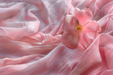 a pink flower is sitting on a pink textured fabric in