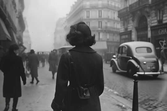 Fototapeta vintage photo black and white , a young adult woman walking through the streets of Paris
