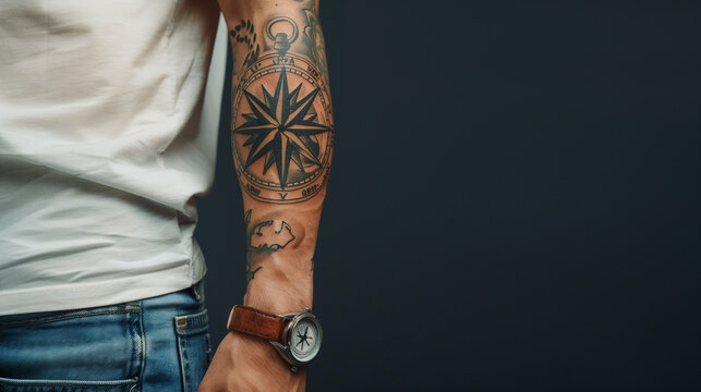 A UHD image showcasing a man's forearm tattoo of an ornate compass rose, rendered in intricate linework and shading, paired with a classic white t-shirt.