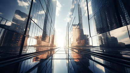 Reflective skyscraper business office buildings