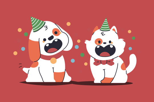 Cute puppy and kitty celebrate birthday vector cartoon characters illustration isolated on background.