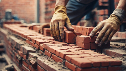 Closeup hands of bricklayer laying brick wall of house - obrazy, fototapety, plakaty