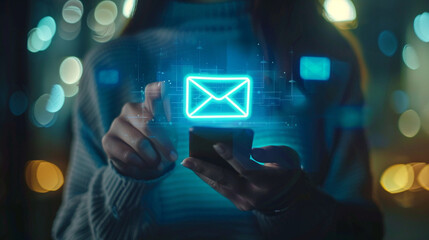 Woman using the mobilephone and see email hologram.