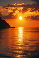 Naklejka premium huge wave breaking on a beach at sunset.