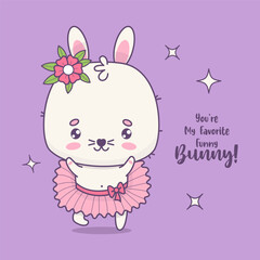 Cute bunny girl ballerina. Funny kawaii animal character. Vector illustration. Kids collection.