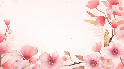 Fototapeta na wymiar Watercolor pink flower background with golden frame