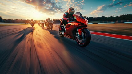 High-Speed Motorcycle Racing at Sunset on a Professional Track - obrazy, fototapety, plakaty