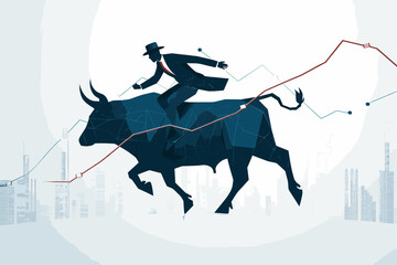 Confident Businessman Riding Bull Market Graph, Skyrocketing Stock Prices, Ambitious Investor Concept, Green Arrow Ascending to Success Peak