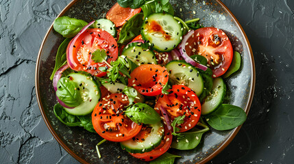 Healthy vegetable salad of fresh tomato cucumber onion, Healthy vegetable salad of fresh tomato, cucumber, onion, spinach, lettuce and sesame on plate. Diet menu. Top view, Generative Ai 