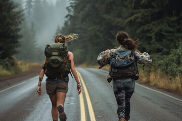 Two Adventurous Women Running on a Misty Forest Road at Dawn, two women with backpacks running down the road, meticulous military scenes, soggy - obrazy, fototapety, plakaty