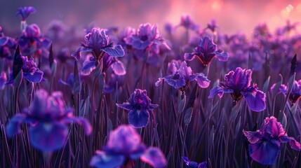 Illuminated Purple Iris Flowers at Twilight in Dreamy Field, field is filled with a variety of...