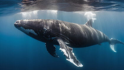 A large whale  is swimming under the water.