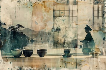 A collage with a B&W photo of a tea ceremony, enhanced by pastel greens and warm beige, capturing the ceremony's serenity and tradition.

