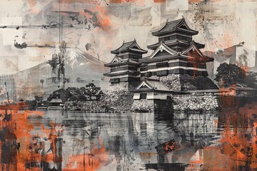 A collage with a B&W photo of a samurai castle, accented by gray and brown patterns, embodying bushido's honor and discipline.


