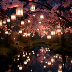 Lanterns with cherry blossom in the garden at night