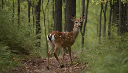 A white-tailed deer stands gracefully amidst the dense forest. Its greyish-brown fur glistens under the sunlight filtering through the canopy. The deer's white tail lifts elegantly, while its alert ey