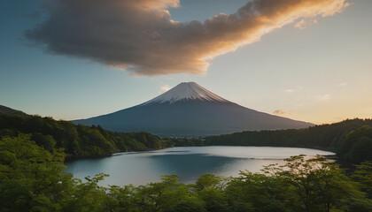 Fototapeta premium A stunning vista unfolds before us, revealing a tranquil lake shimmering under the bright blue sky. In the distance, majestic and imposing, Mount Fuji rises tall against the horizon. Its snow-capped p