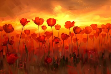 illustration of a red tulip flower field at sunset.