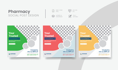Fototapeta premium Pharmacy social media post for medicine banner ad creative. Functional pharmacy store social media post layout template design. Vol - 19