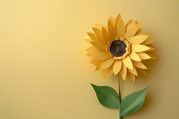 A striking portrayal of a single sunflower featuring delicate paper cut petals, set against a soft pastel background, emphasizing the use of negative space.