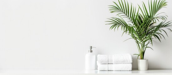 Close up of white clean towel and houseplant on the table. Generated AI image - obrazy, fototapety, plakaty