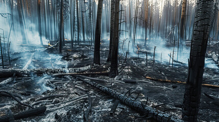 burnt forest after a forest fire, black burnt trees, consequences of a forest fire