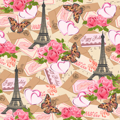 Eiffel Tower and flowers.Eiffel tower, butterflies, postcards and bouquets of roses in a vector pattern collage.