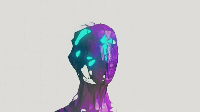 Artificial intelligence or deep machine learning concept. Polygonal alien face. Digital human or alien, robot head - abstract visualization of future life and neural network. 3D Animation Render in 4k
