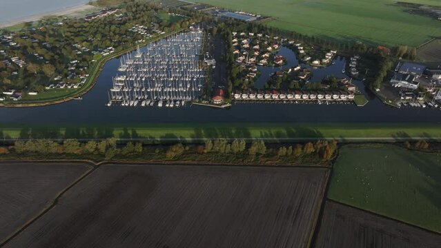 Aerial view of small harbour with sailboats during winter, Workum, Netherlands