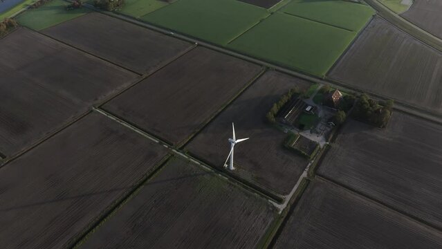 Aerial view of farmland and fields during a foggy morning, Workum, Netherlands