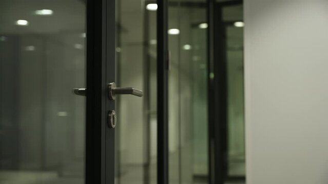 Glass office meeting room door closing in conclusion concept to business meeting