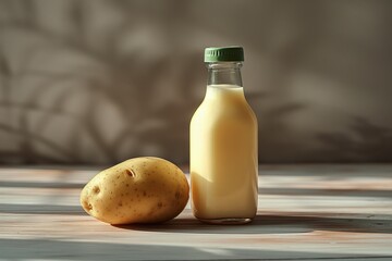 A potato and a glass bottle of potato milk with a green cap with soft light and shadows