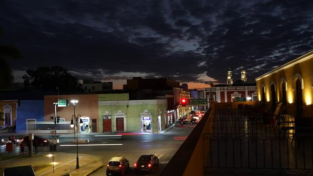 Time lapse of San Francisco de Campeche Cathedral at sunset. Campeche, Mexico.